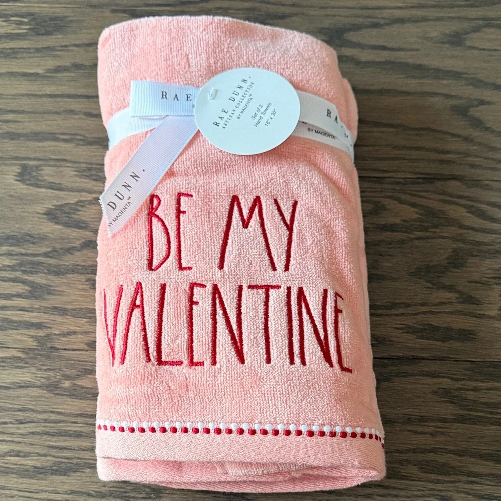 Rae Dunn Pink Valentine's Towel with Red Text